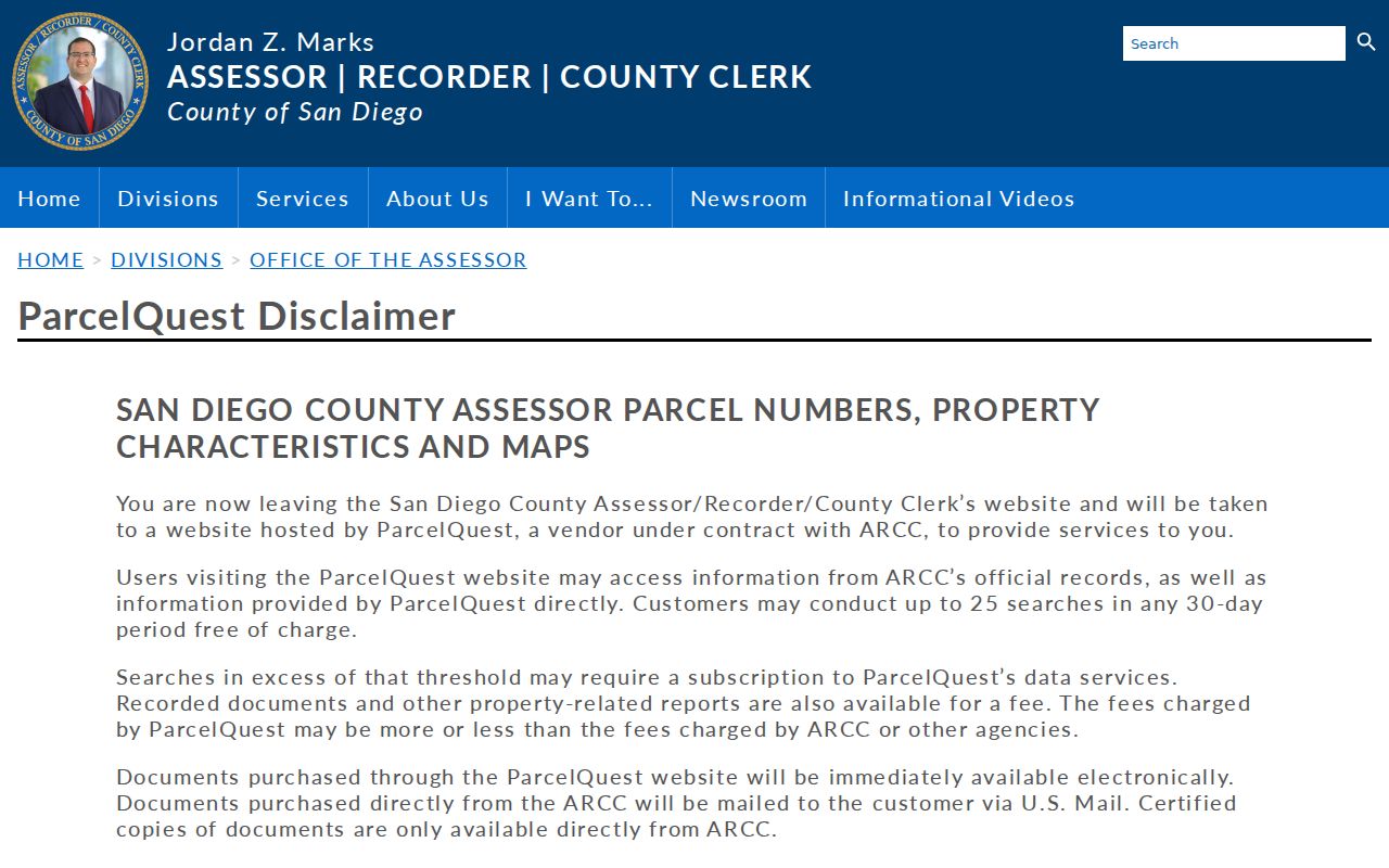 Encinitas public records ARCC ParcelQuest disclaimer