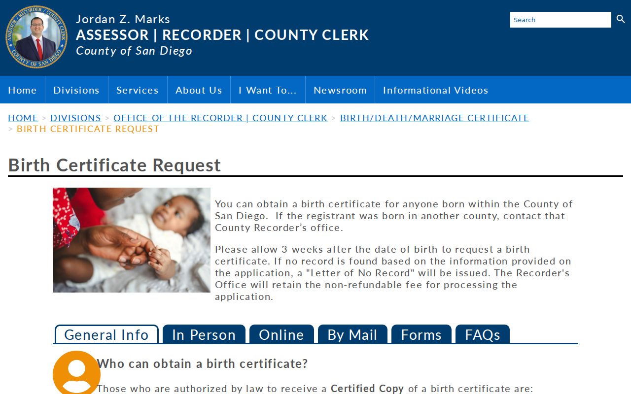 Encinitas public records San Diego ARCC birth certificate request