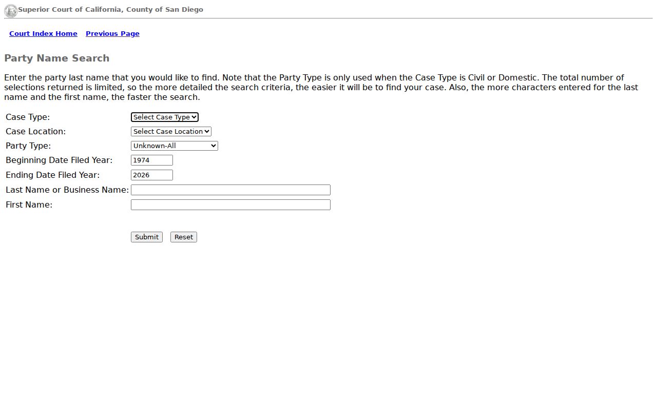 Encinitas public records San Diego Superior Court party name search